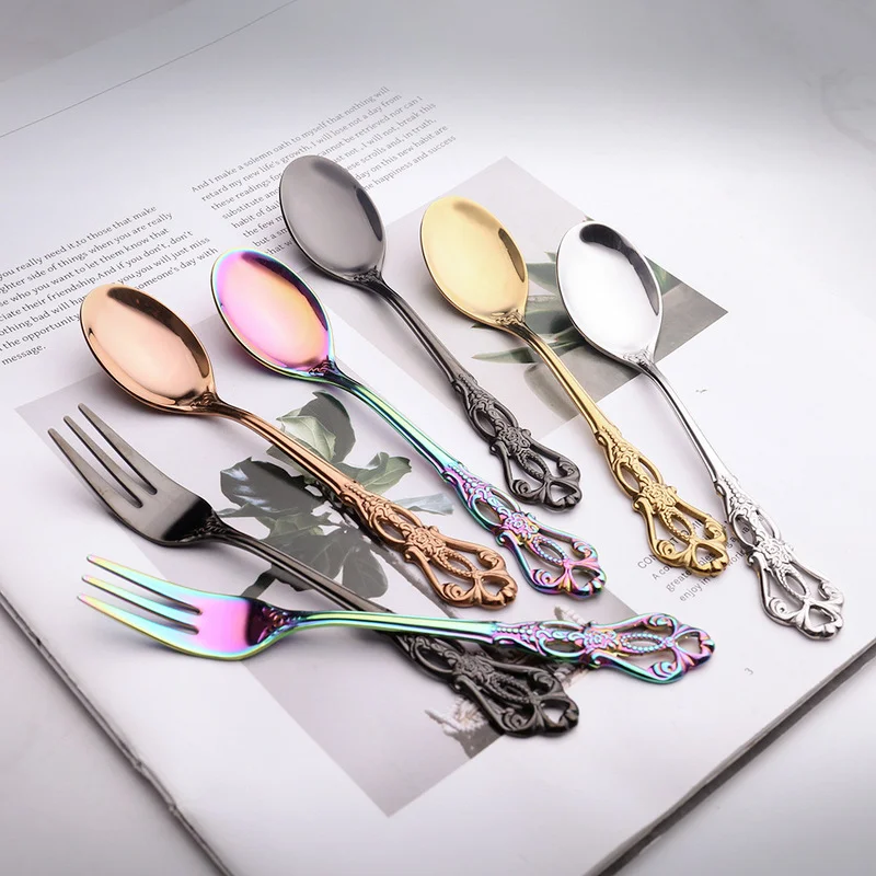 European Stainless Steel Coffee Spoon Royal Dessert Spoon Antique Hollow Cake Fruit Fork Embossed Spoon Gold