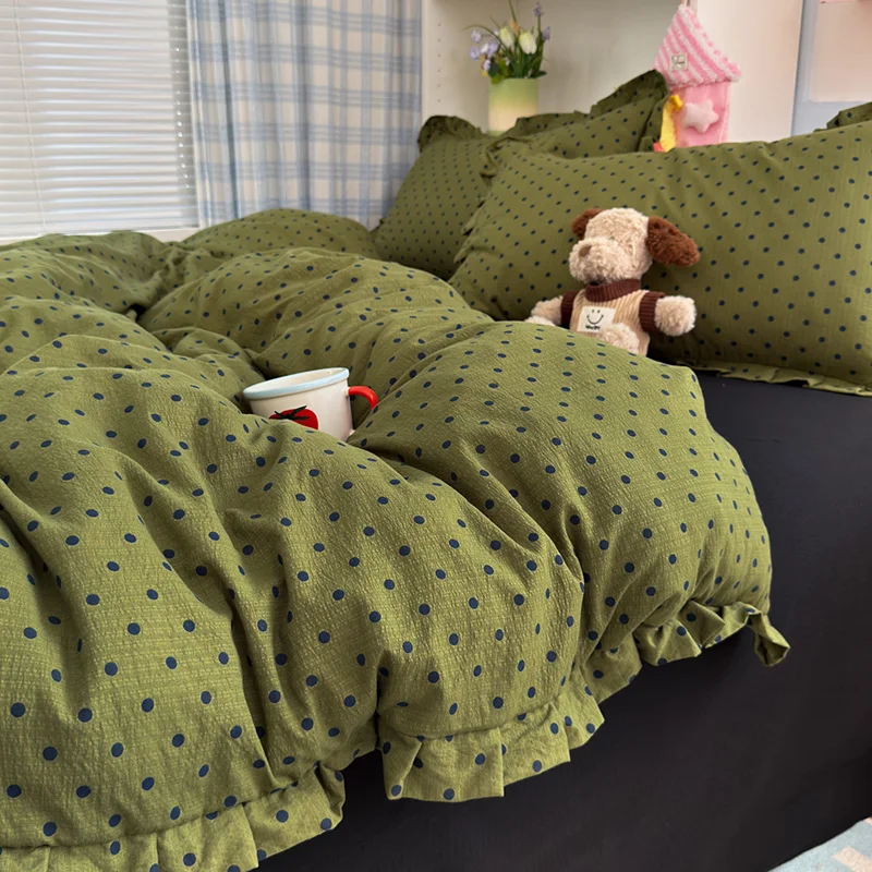 Polka Dots Style Bed Linen Set Skin-friendly Bedsheet Set Pillowcase 이불세트 Bedclothes With Ruffles Full/Queen Size Bedding Set