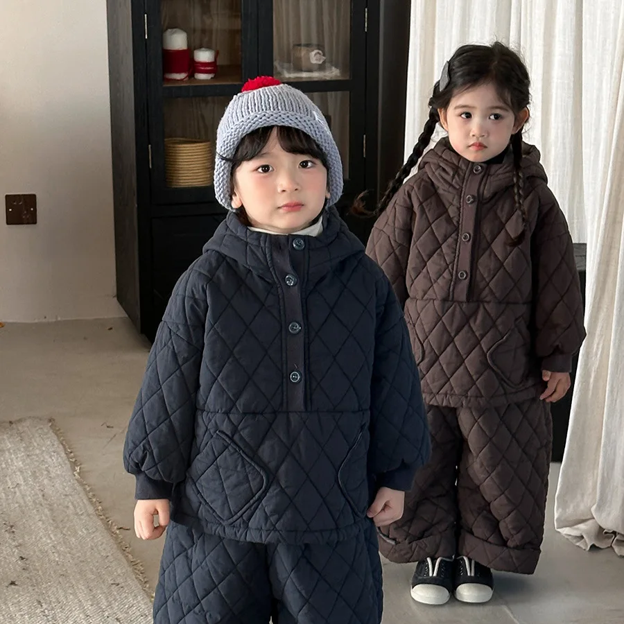 Somenie Unisex Kids Winter Thick Quilted Hoodie Wide Leg Pants 2 Pieces Clothes Set