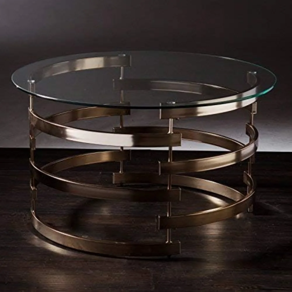 Belmar Contemporary Round Glass Top Coffee Table, 32D x 32W x 18.5H in, Champagne