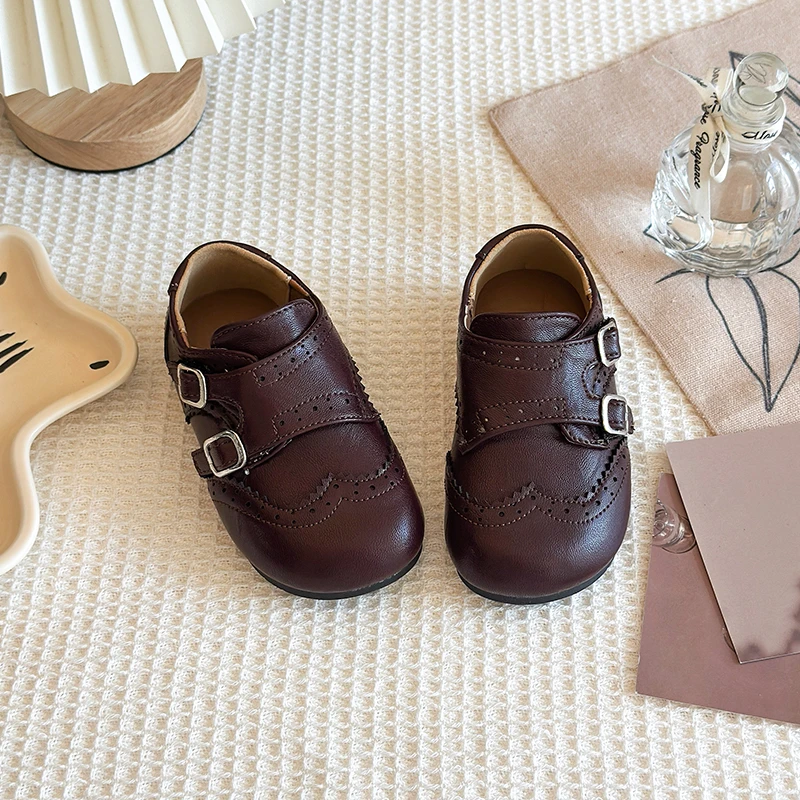 

Preppy Style Leather Shoes for Girls 2026 New Autumn Toddler Dress Shoes with Double Buckle Simple Retro Kids Mary Jane Flats