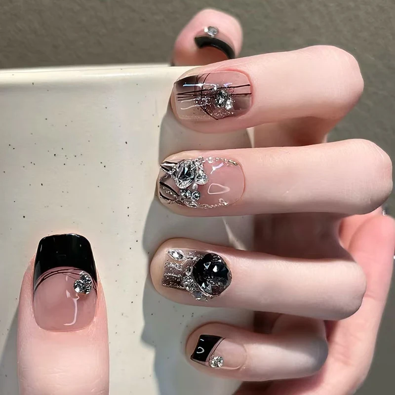 10Pcs Handmade Nails Short Ladder Black Diamond Secret Full Coverage False Nail for Women&Girls Detachable Wearable Nail