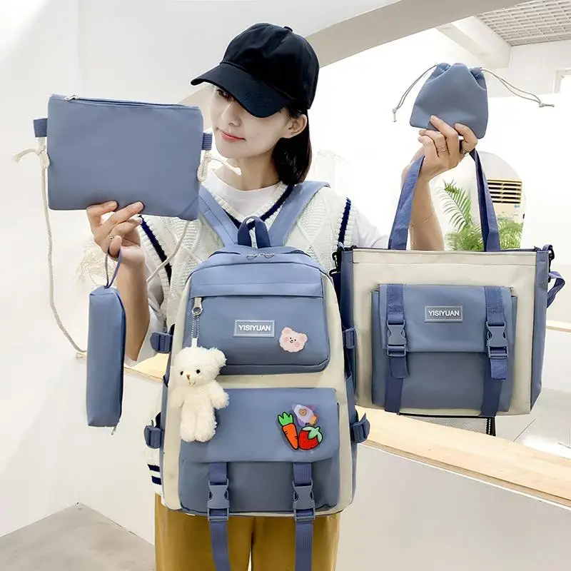 large-capacity-canvas-backpack-women's-dual-shoulder-bag-school-bag-student-bookbag-five-piece-set-middle-school