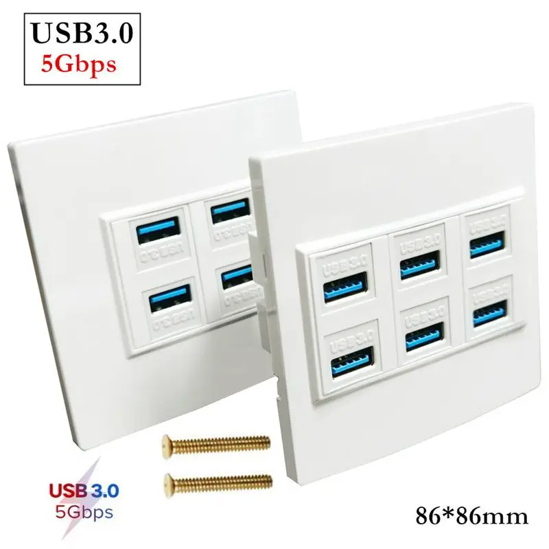 

4-Port 6-Port USB3.0 Version 5Gbps Speed Data Buckle Solderless Socket Panel Wall Plug 86 * 86mm