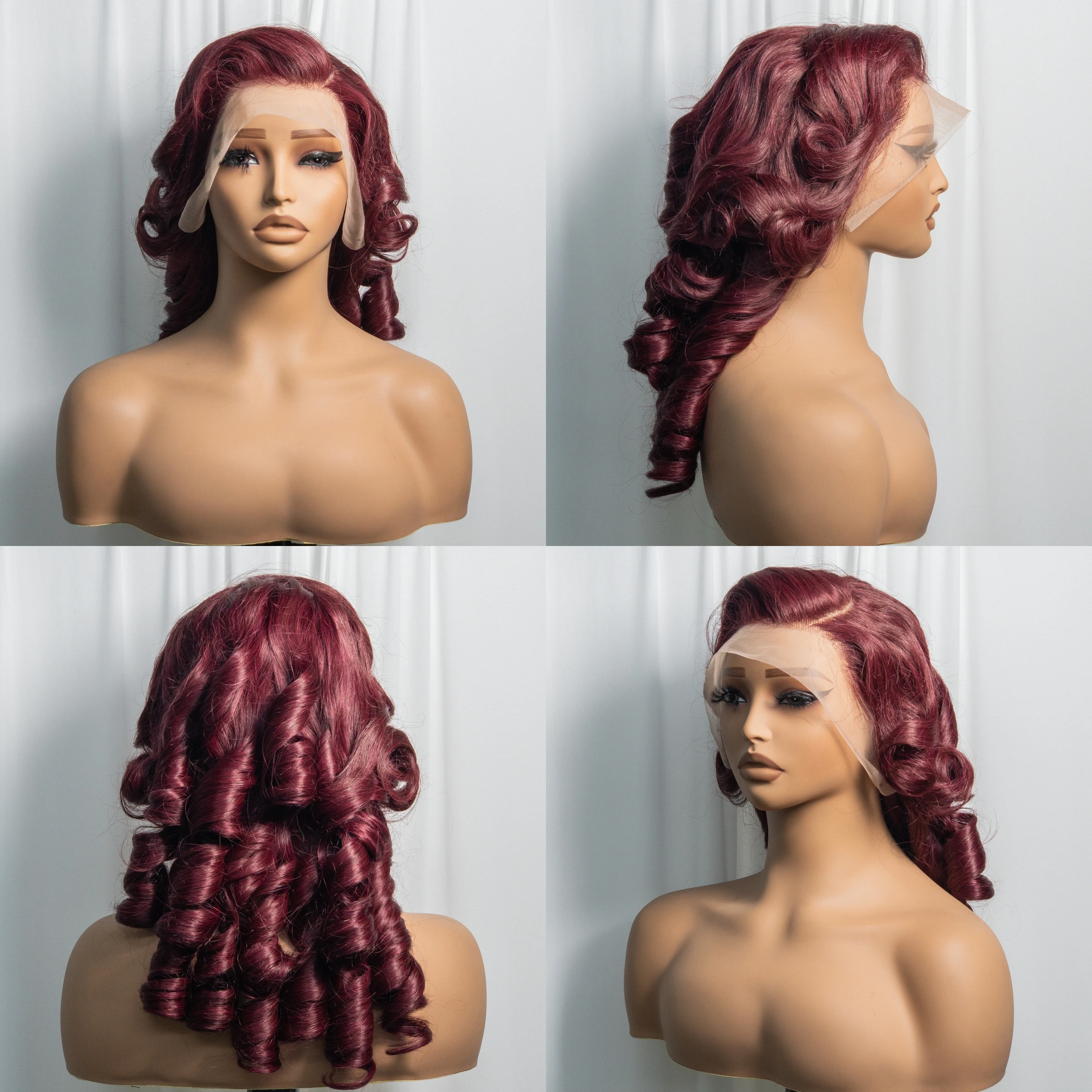 24 inch 13x4 HD Kanten Voorkant Haar Pruiken Bordeaux Bouncy Krullend Menselijk Haar Pruiken 300% Dichtheid Loempia Golf Remy Haar Pruiken Preplucked