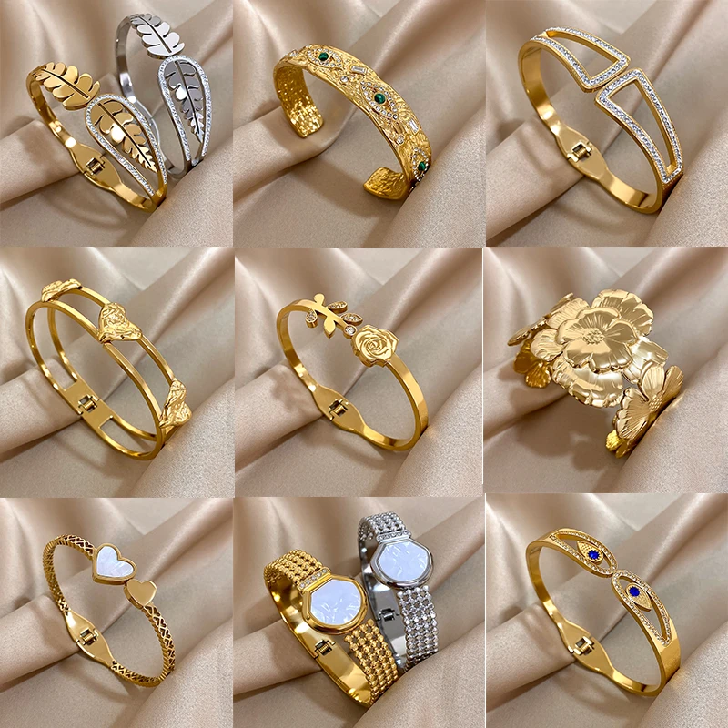 New Stainless Steel Bracelets For Women Men Inlaid Zircon Shell Heart Flower Devil\'s Eye Bangle Bracelet Jewelry Waterproof