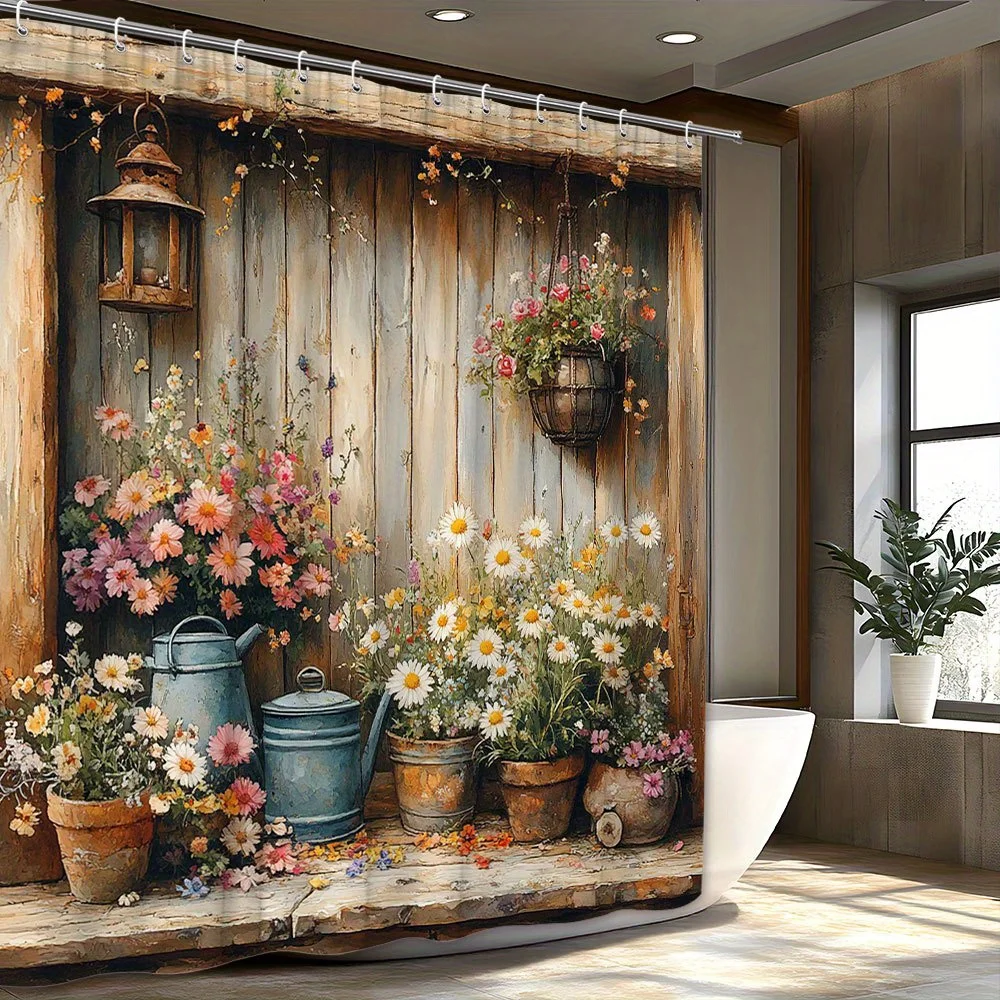 Rustic Wooden Shelf Shower Curtain, Potted Flowers & Vintage Teapot, Blue Blooms, Polyester,Machine Washable, 12 Hooks