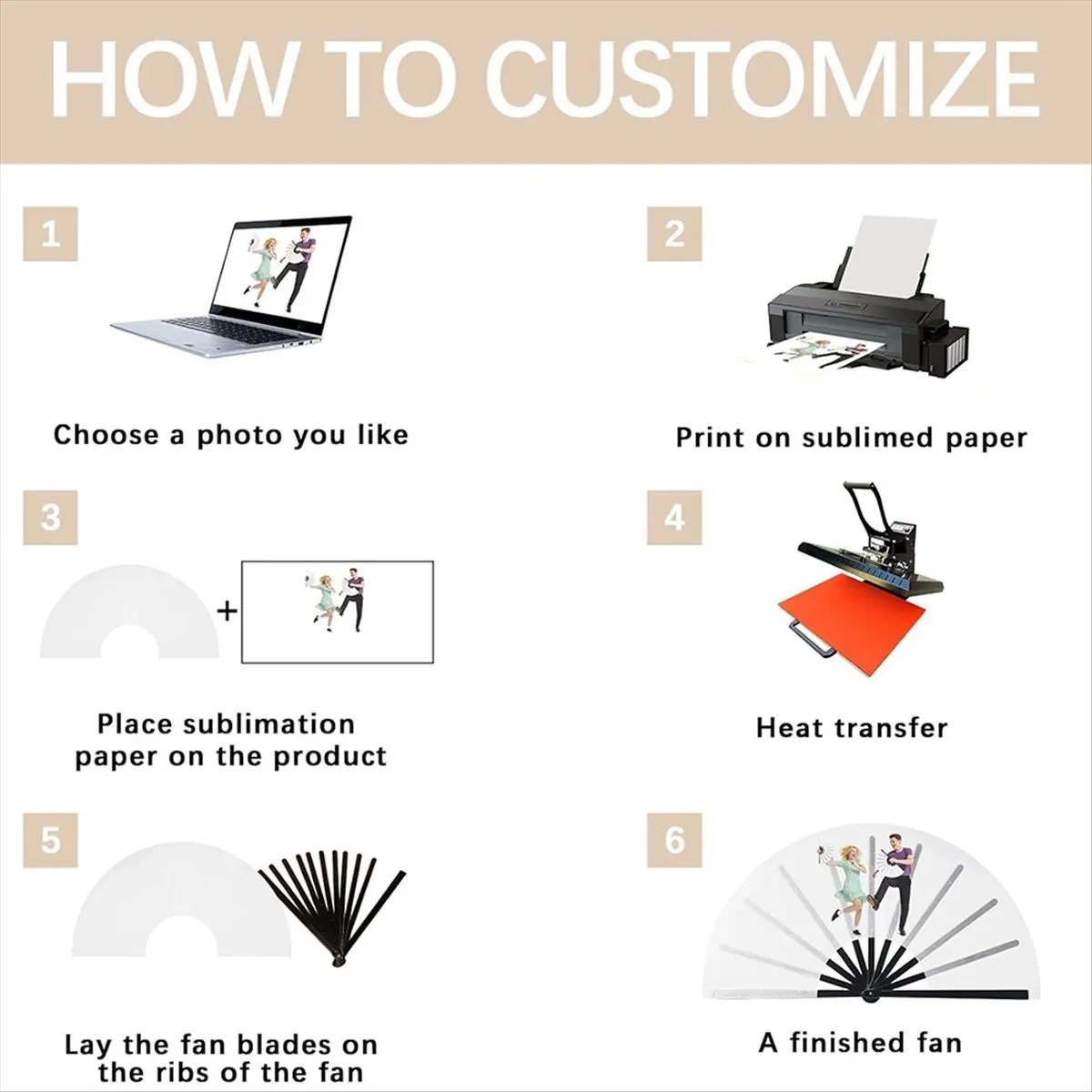 New 6 Pcs Sublimation Fan Blanks White Polyester Sublimation Blank Hand Fan DIY Fans Heat Transfer Printing for Dancing