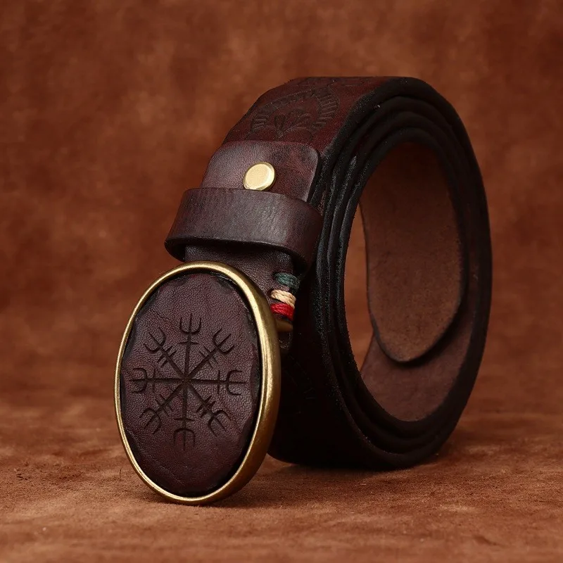 Engraved pattern smooth belt for men leather top layer
