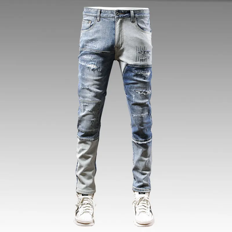 

Street Fashion Men Jeans Retro Blue Elastic Stretch Skinny Fit Spliced Ripped Jeans Men Patched Designer Hip Hop Pants Hombre