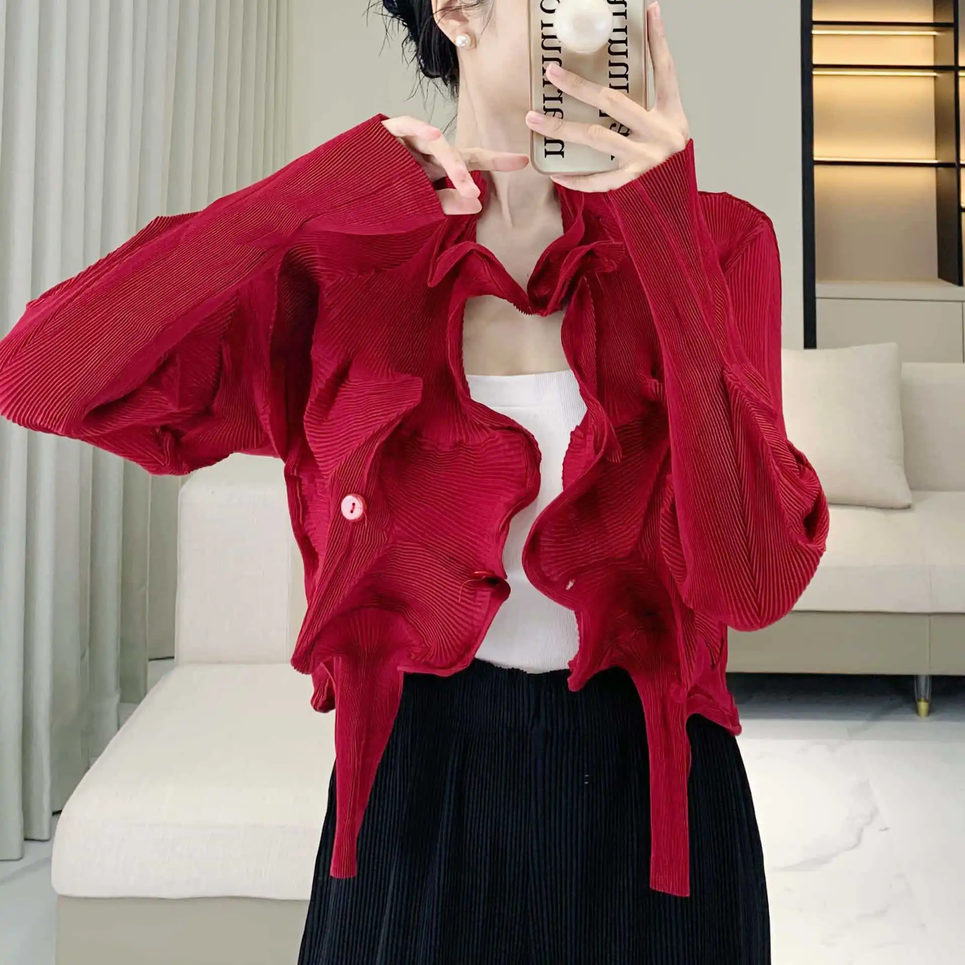 Pleats Pleated Shirt Design Sense Minority Flower Bud Sun Shirt Fold Blouse Women's Long Thin Sleeves Buttoned Cardigan Coat