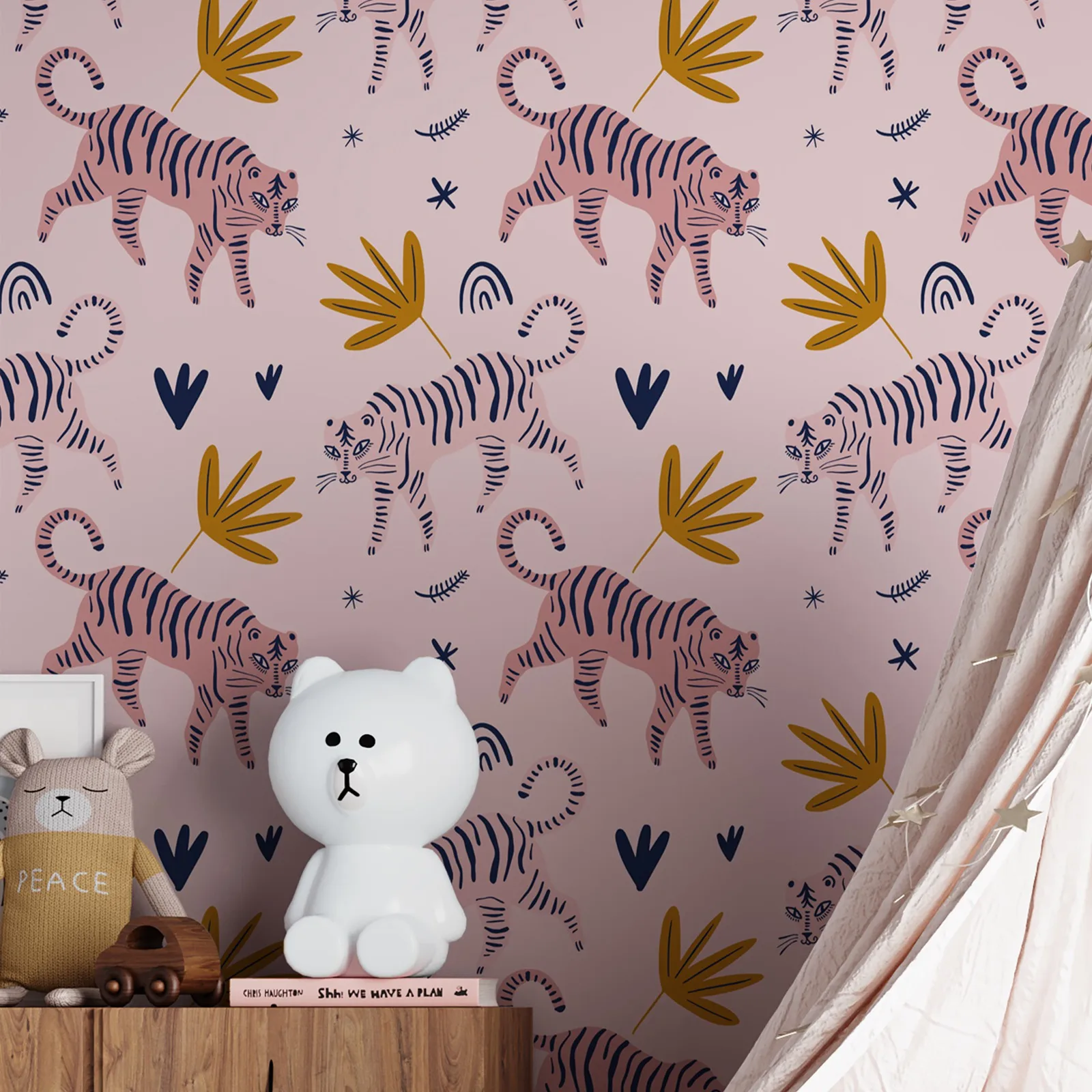 Cute Tiger Aesthetic Wall Paper,Pink Wall Decor Wallpaper Peel and Stick ,Or Tradition Un-paste Tigers Wall Mural For Room Decor
