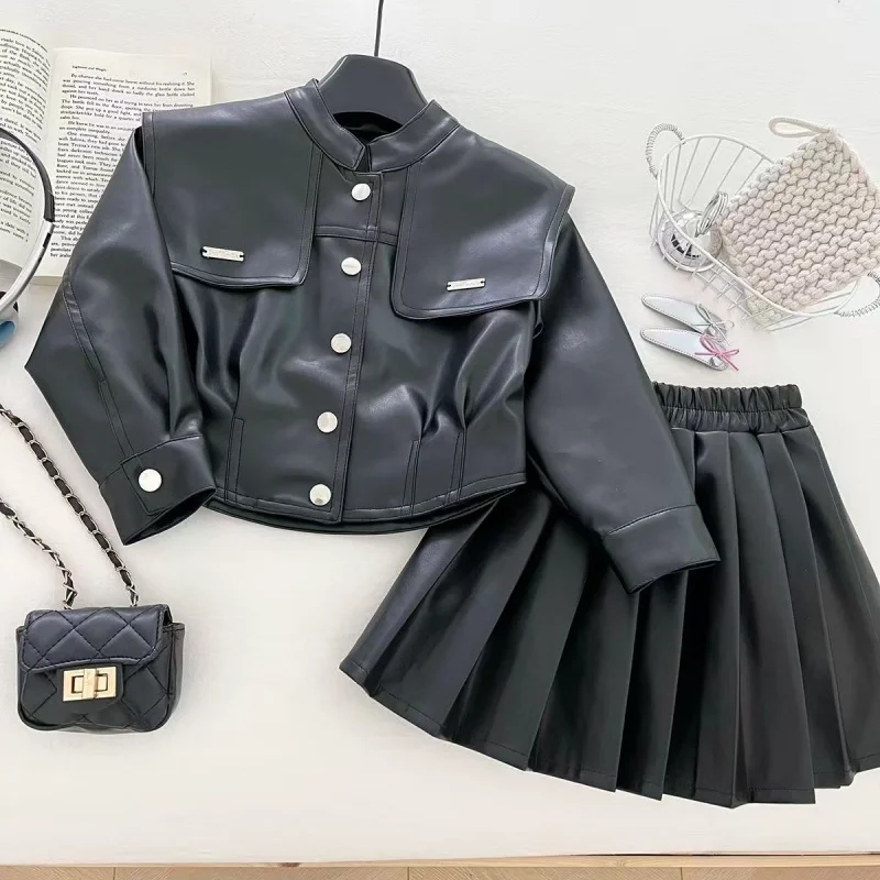 

Girls' Leather Jacket Set Autumn New Korean Version Girls' Lapel Fashion Long Sleeved Leather Jacket+pleated Skirt Two-piece Set