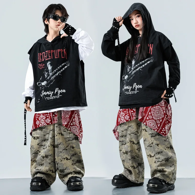 

Children's Streetwear Hip Hop Clothing Kids Bosy Grils Sleeveless Hoodies Vest Baggy Pant T-shirt Sets Dance Clothes Tracksuits