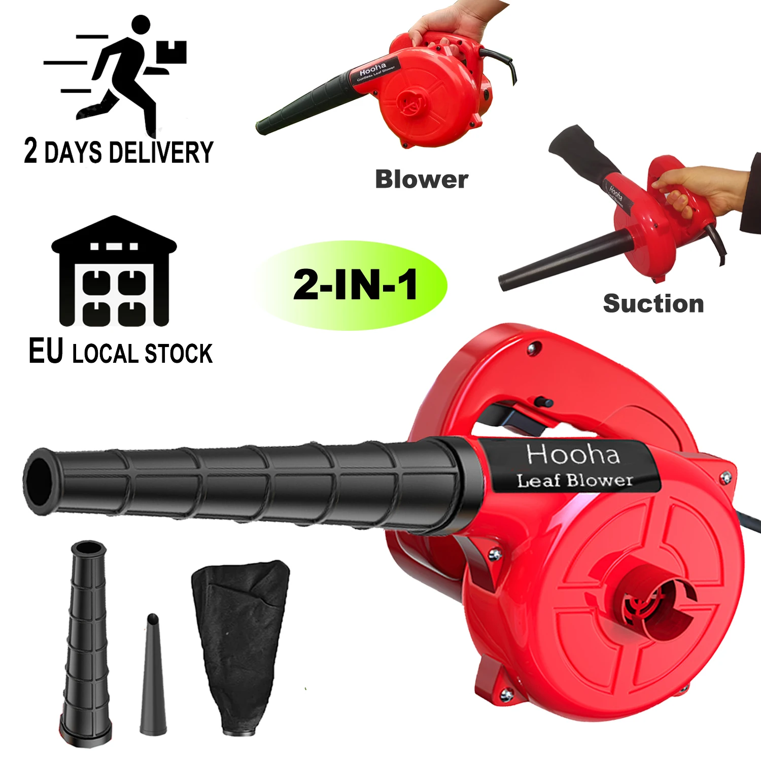 2-in-1 1000W Electric Leaf Blower & Vacuum EU Plug with Dust Bag for Yard Cleaning/Snow Blowing/Dust Suction/Car Cleaning