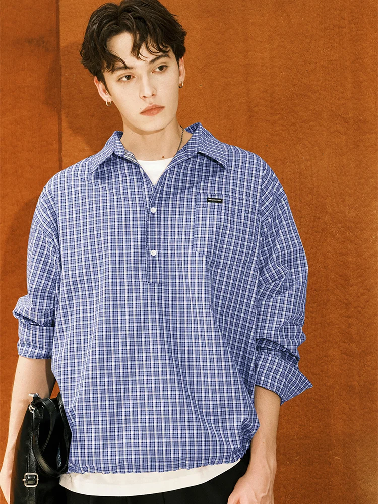 Loose Fit Long Sleeve Shirt with Drawstring Half Button up Plaid Design for Men And Women Casual Style Autumn New Arrival