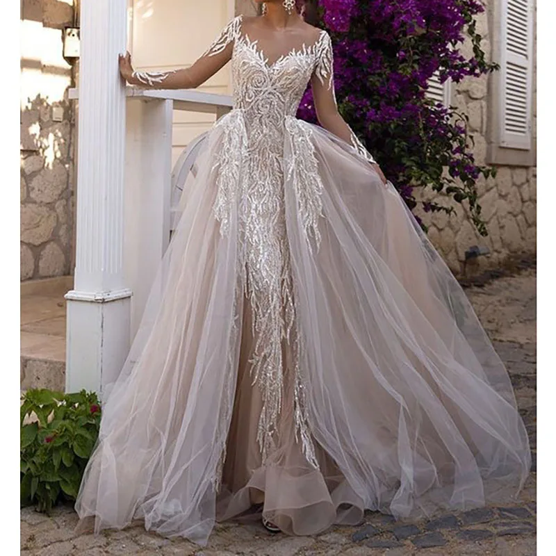 Splendidi abiti da sera in pizzo Appliques per donne eleganti abito a maniche lunghe con scollo a cuore staccabile Vestidos