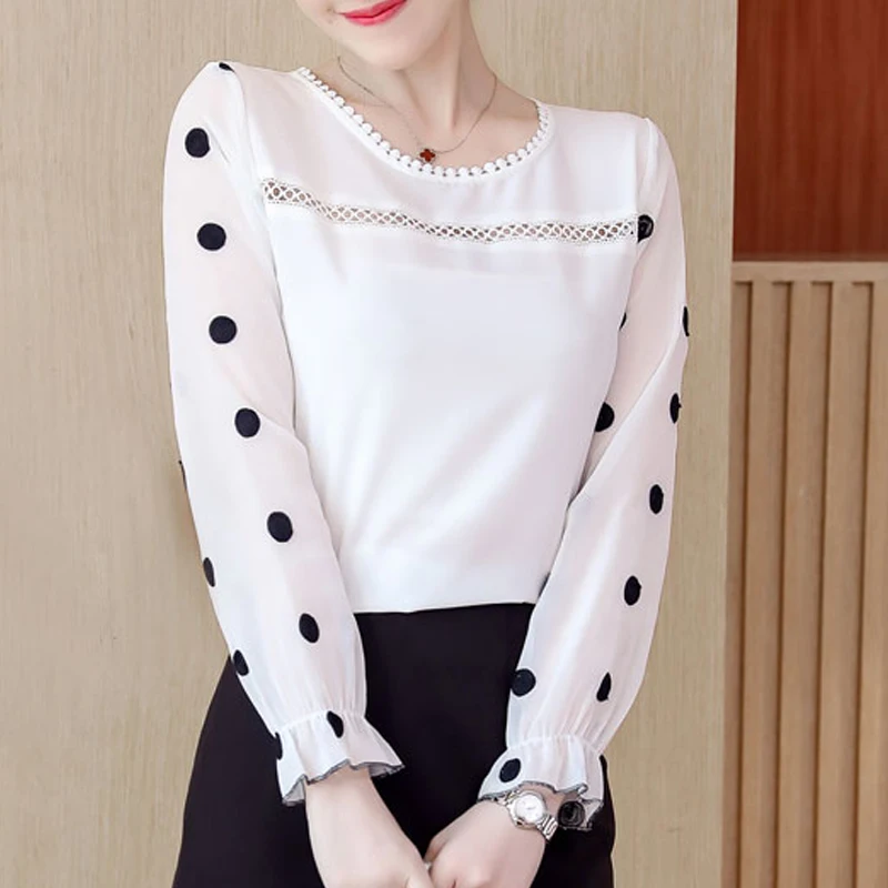 Women's Long Sleeve Chiffon Blouse, Hollow Out Tops, O-Neck, Black Dot, White, Sweet Clothing, Fashion, 2024 New, D383