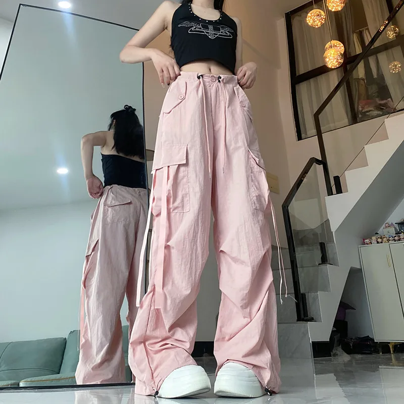 

Women's Bottoms Pink Drawstring Sweatpants Casual High Waist Straight 2024 Mopping Pants Fashion Solid Baggy Wide Leg Trouser