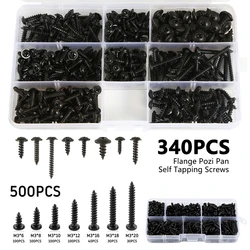 340/500Pcs Self Tapping Screws Set M3/M4/M3.5/M4.8 Pozi Flange Pan Head Kit Phillips Truss Head Metal Screw Self Lock Nut