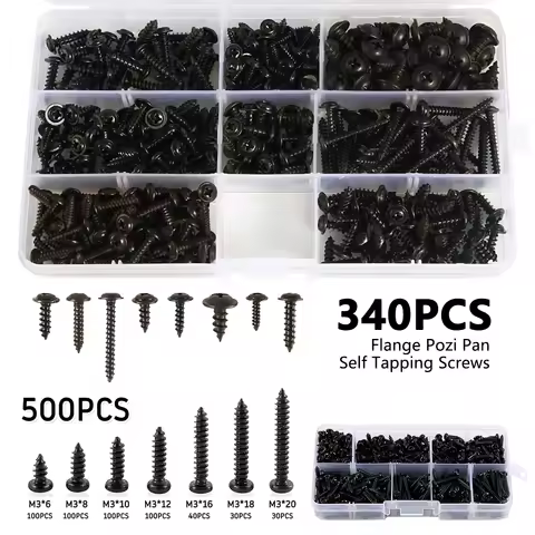340/500Pcs Self Tapping Screws Set M3/M4/M3.5/M4.8 Pozi Flange Pan Head Kit Phillips Truss Head Metal Screw Self Lock Nut