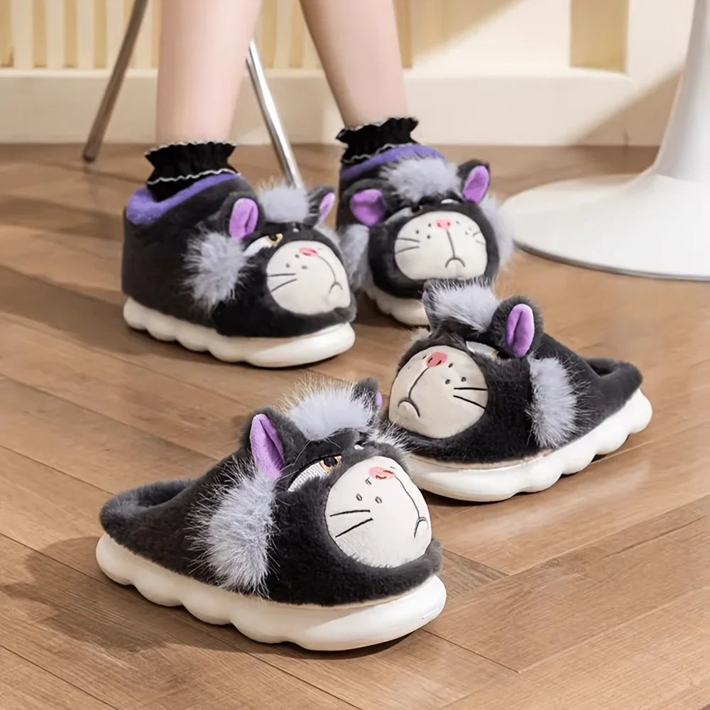 ZUOFU Unisex Plüsch-Hausschuhe mit grimmiger Cartoon-Katze, hohe Ausführung, Herbst-Winter, rutschfeste EVA-Sohle, warme knöchelhohe Baumwoll-Hausschuhe für drinnen – Detail 8
