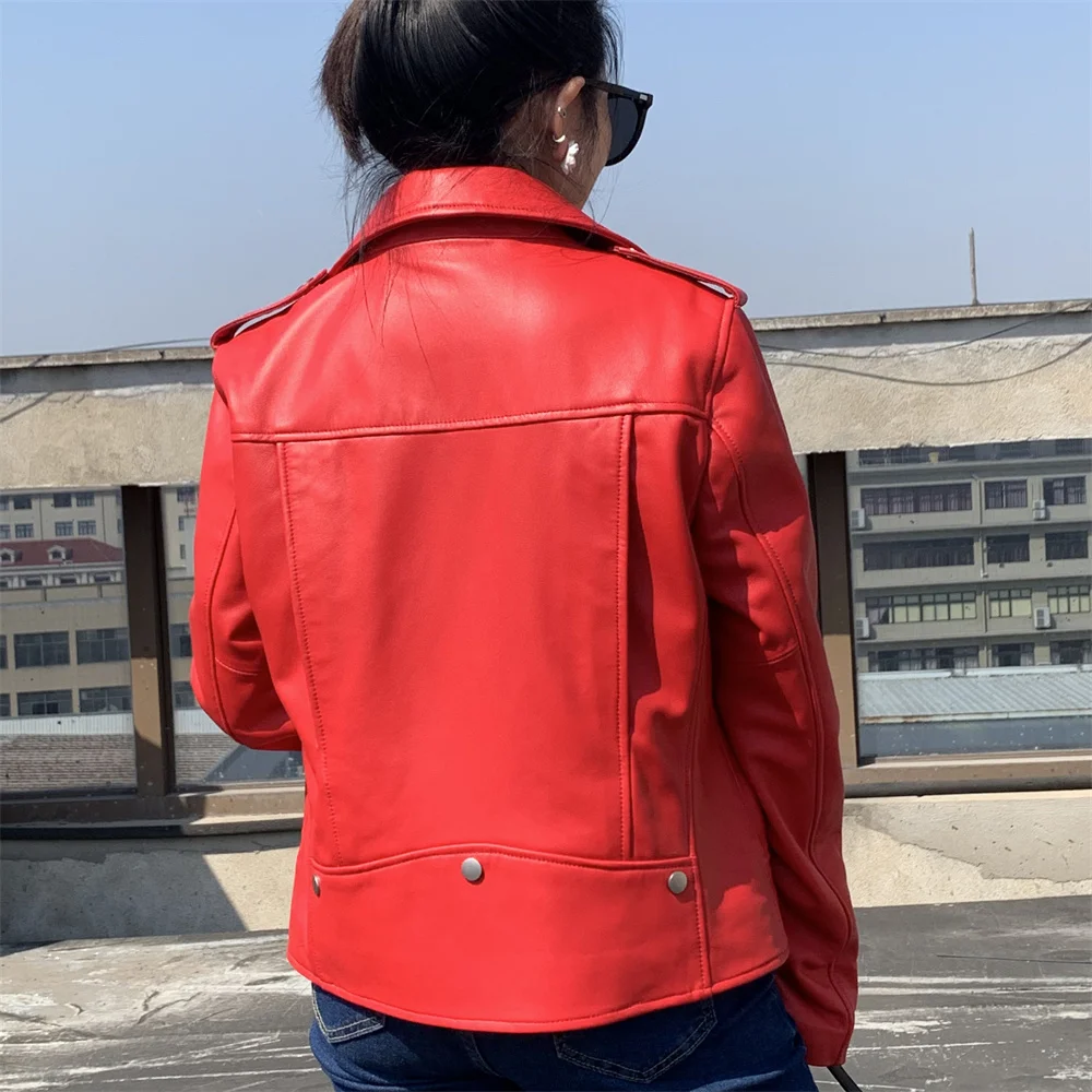 Jaxmonoy Spring Genuine Leather Jacket for Women 2026 Fashion Real Sheepskin Coat Autumn Moto Biker Zipper Leather Jacket Female