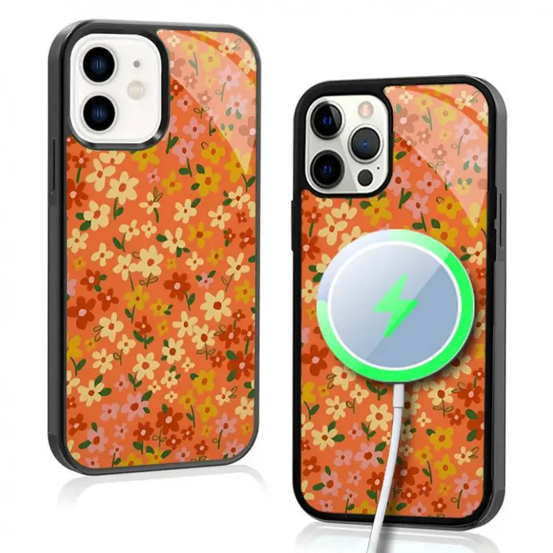 Coral Floral Pattern Phone Case For IPhone 11 12 13 14 15 Plus Pro Max Mirror Acrylic Cover For Magsafe Wireless Charging