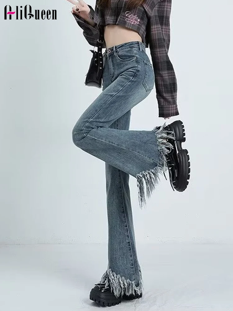 

High Waisted Jeans Women Vintage Spring Long Blue Tassel Ankle-lehght Denim Pants Streetwear Female Slim Flare Trousers