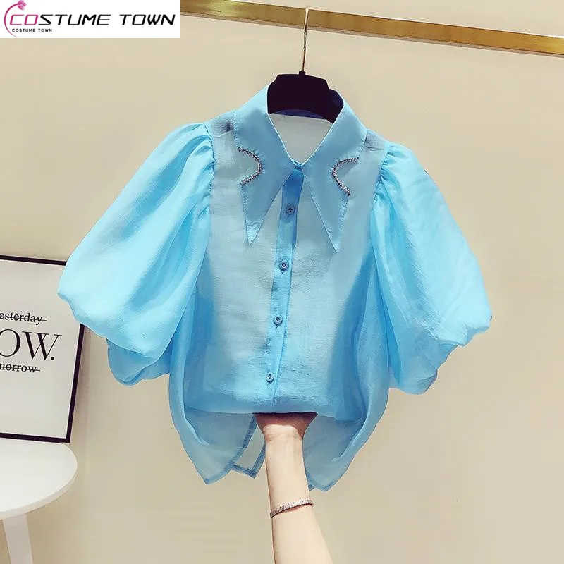 

Doll Neckline with Diamond Lantern Sleeves White Shirt Women's Summer Western-style Design Top Niche Hong Kong Style Shirt