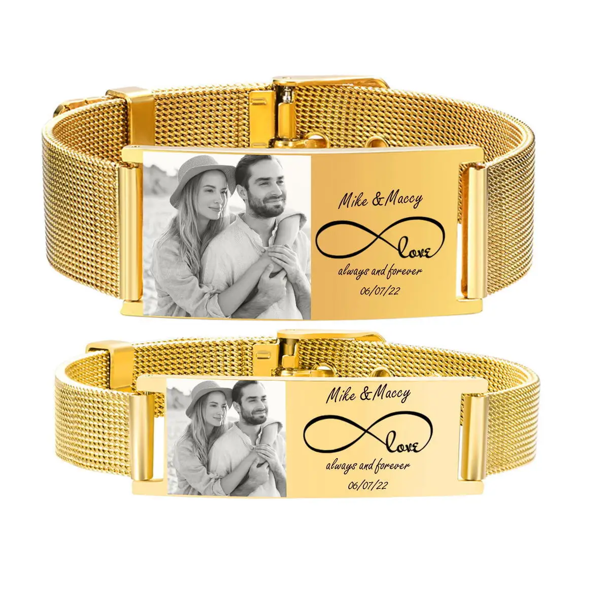 Pulsera de identificación personalizada para hombres y mujeres, eslabón de cadena ajustable, correa de reloj milanesa, acero inoxidable chapado en oro