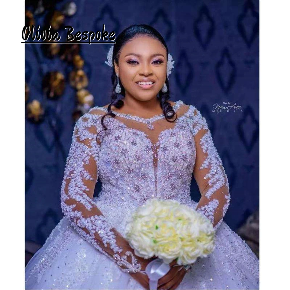 Gorgeous Luxury Wedding Dresses 2025 Beads Crystals Lace Appliqued Aso Ebi Style Plus Size Bridal Ball Gown African Customized