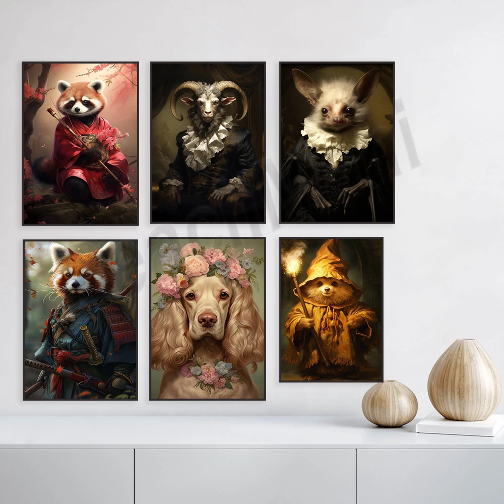 Victorian sheep, bison, cocker spaniel, deer, spaniel, red panda, frog, chipmunk, animal portrait, dark fantasy witchcraft poste