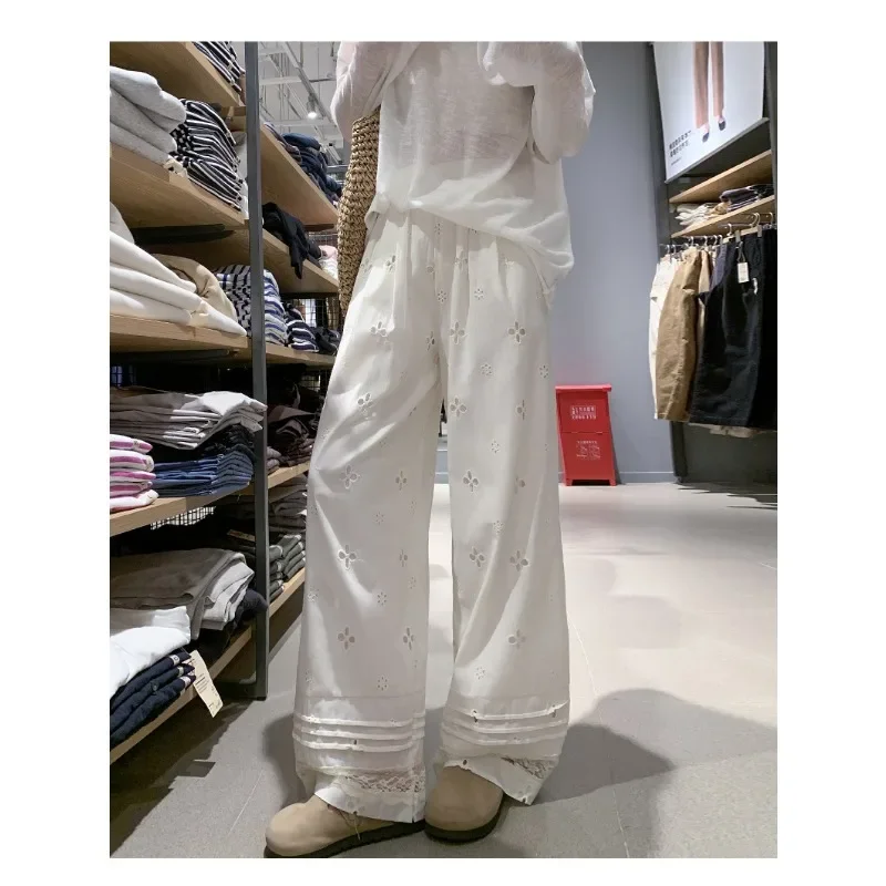 Summer New Women Embroidered Hollowed-out Pants Japanese Korean Fashion Elastic Waist White Wide Leg Casual Trousers Pantalon