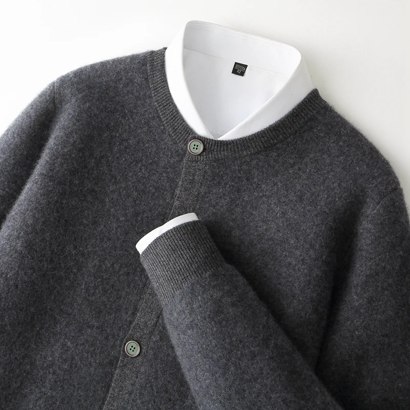 O-Neck Thick Buttoned Cardigan Men's Autumn Winter 100% Merino Wool Trendy Casual Long-Sleeve Sweater Soft Warm Cashmere Knitted