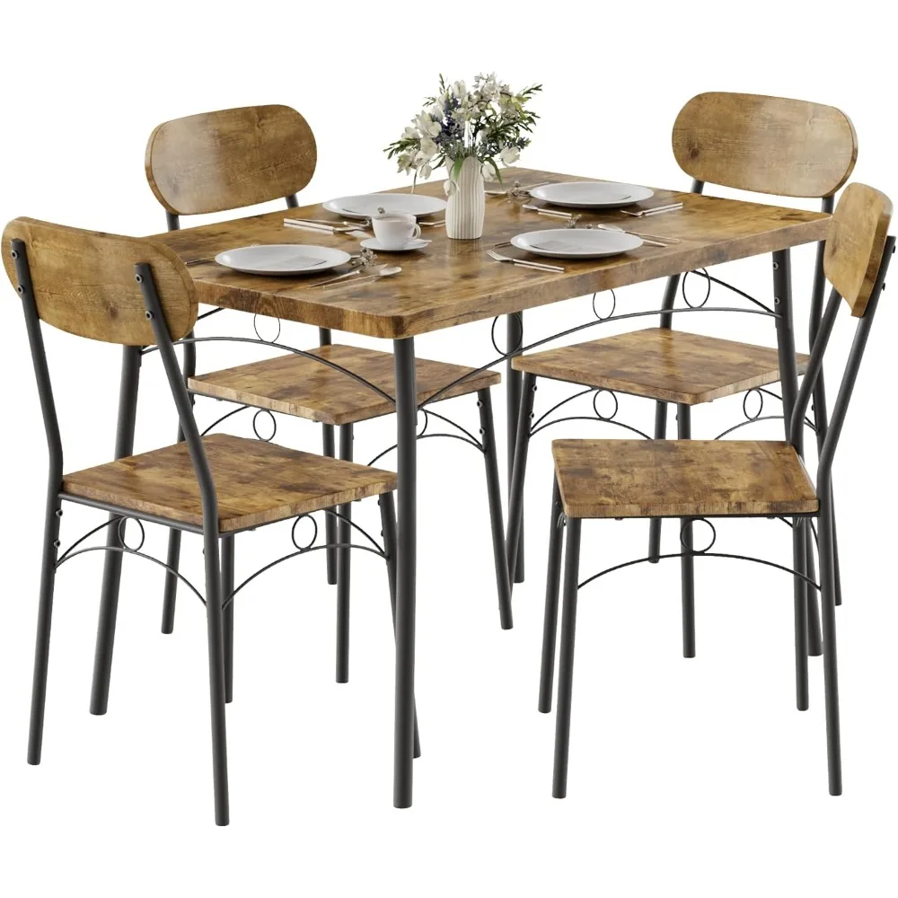 طقم طاولة مطبخ مكون من 5 قطع لـ 4 أشخاص، طاولة طعام مدمجة مع 4 كراسي، سطح طاولة MDF وإطار معدني للمساحات الصغيرة