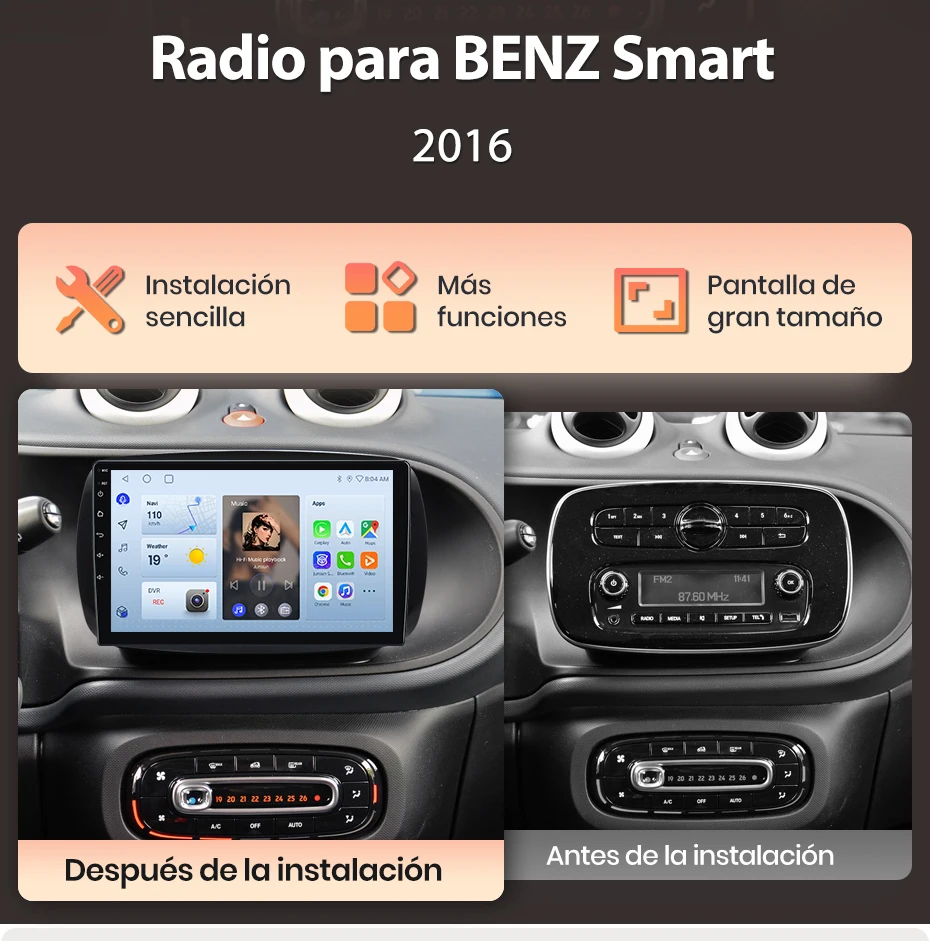 Junsun Wireless CarPlay Android Auto Autoradio für Benz Smart 453 Fortwo 2014-2020 Auto-Intelligentes System BT FM Spanisch Lokal – Detail 3