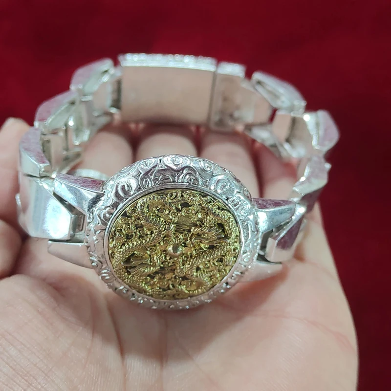 China Tibetan silver white copper double dragon play beads bracelet gift