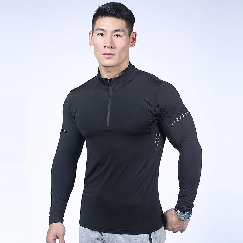 Mens Sports T-Shirt Long Sleeve Top Gym Clothing Fitness Compression Shirt Half Zip Pullover Quick Dry Sportswear