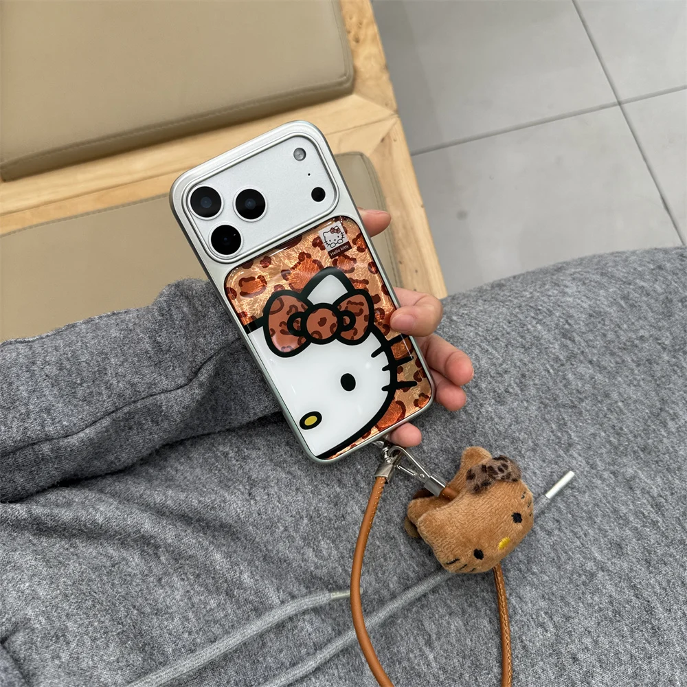 

Korean INS Leopard Print Hellokitty Electroplating Phone Case for iPhone 17 Pro 14 15 16 Pro Max Cover With Plush Kitty Cute Cov