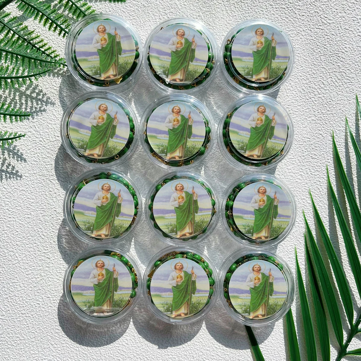12Pcs Scented Green Rosary Necklace Saint Jude Baptism Party Favors Catholic Gift with Box Rosary Bead Necklace