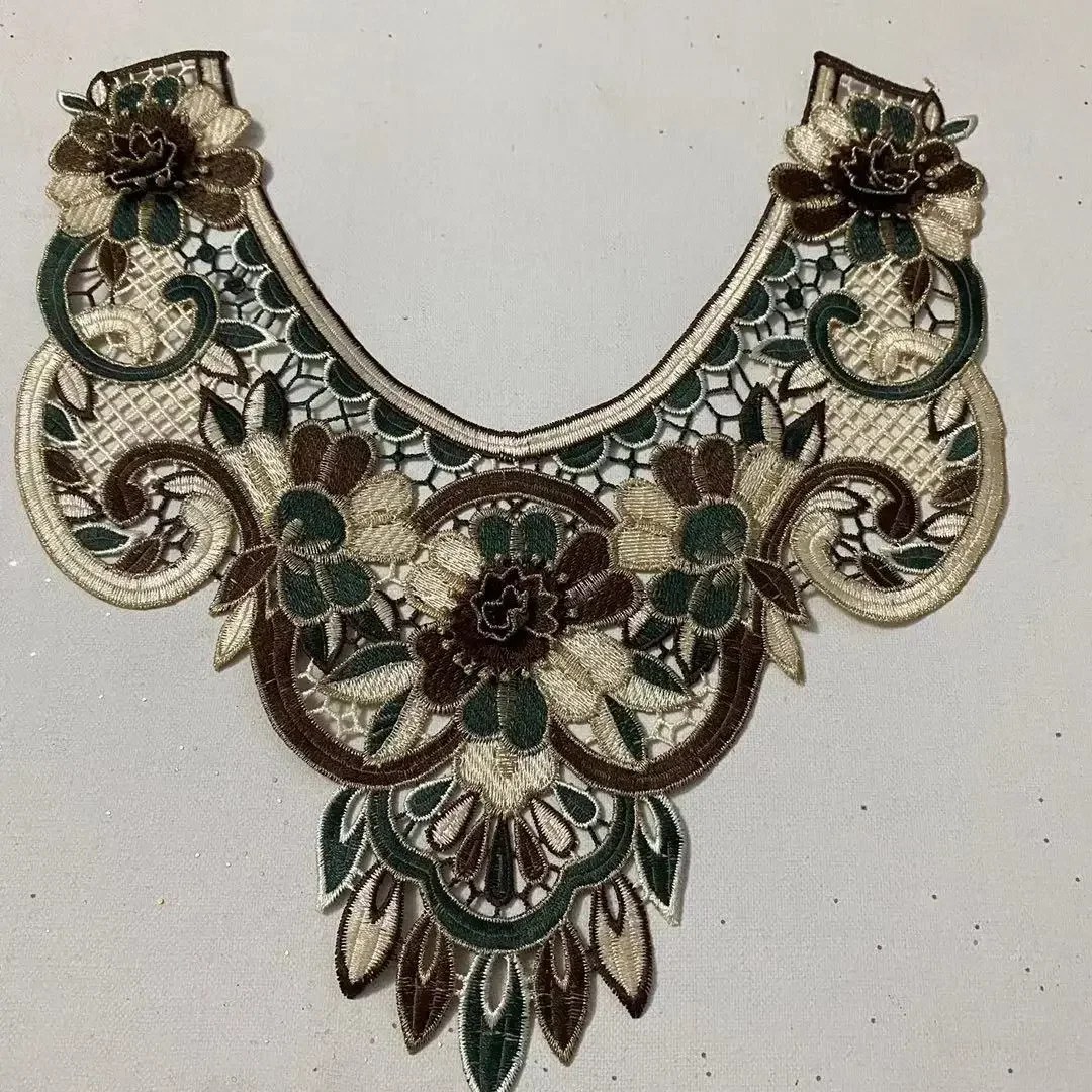 1Pc Green Red 3D Embroidered Fabric Color Flower Lace Sewing Applique Lace Collar Neckline Ancient Collar Applique Accessories