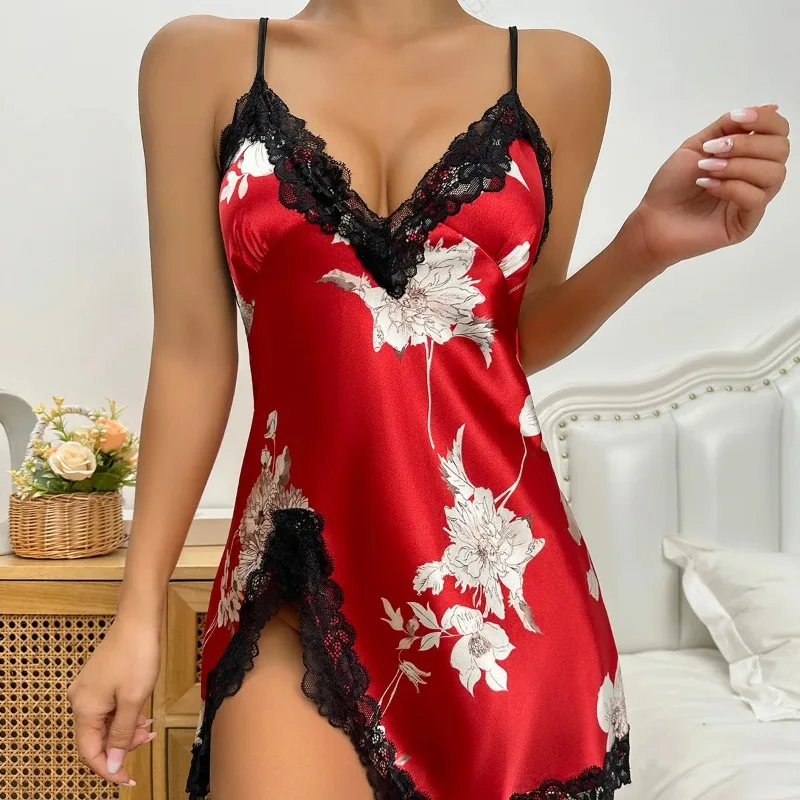 Leopard Silk Satin Women Nightgown Sleeveless Side Split Lace Sleepwear V Neck Sexy Nightwear Female Homewear Cloth Pajama Dress