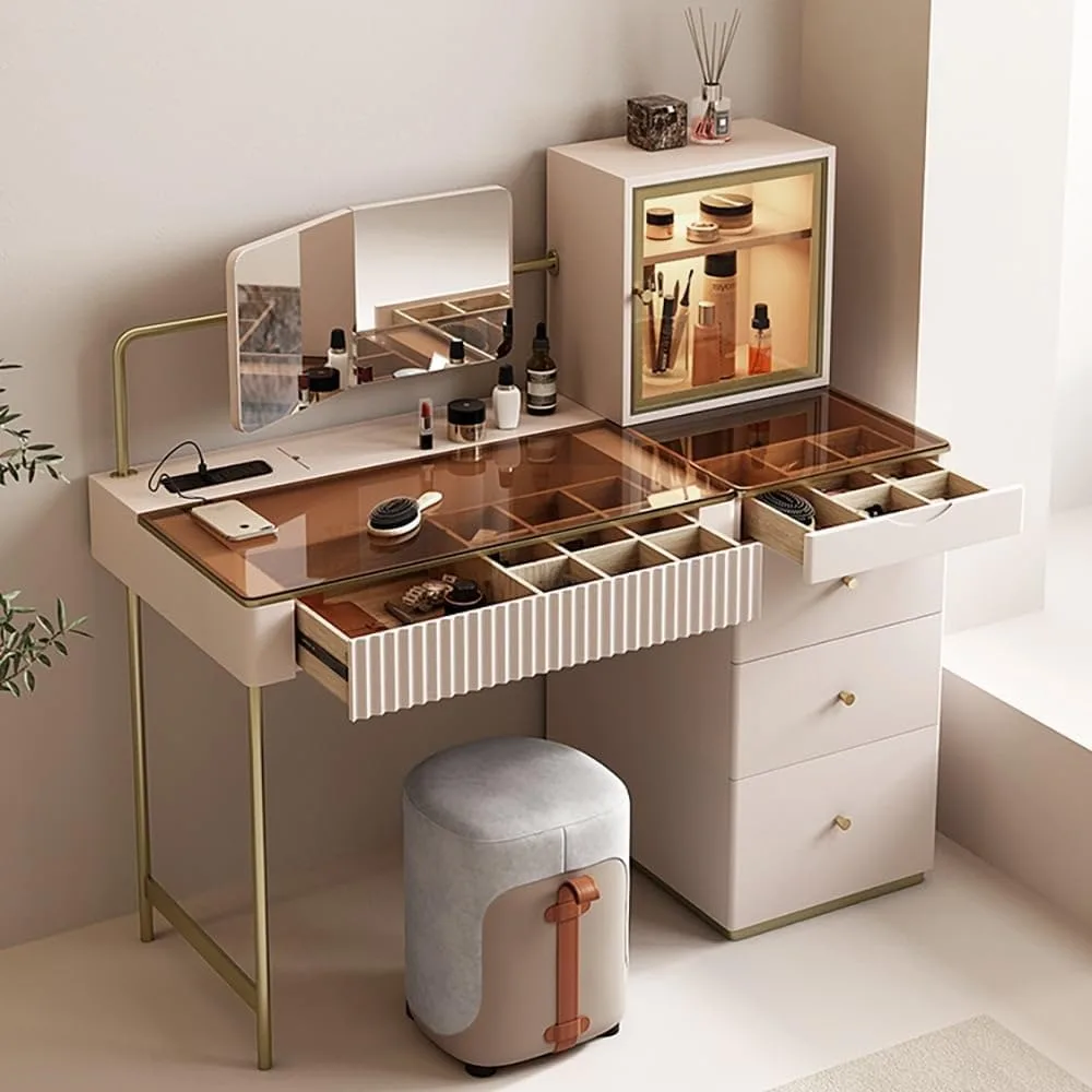 

contemporary makeup vanity desk with 5 drawers, jewelry storage, foldable mirror, and sensor light