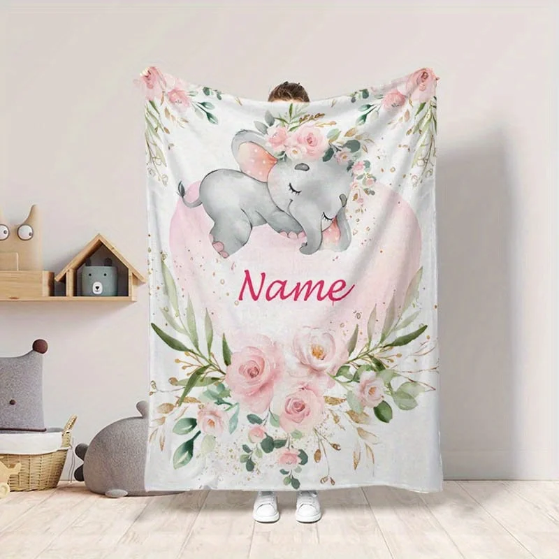 Personalized name elephant flower pattern flannel blanket,the ideal choice for a nap camping trip, a unique gift for your family