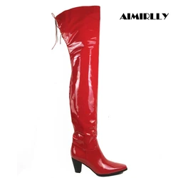 Winter Women's Over the Knee Boots Customized Square Toe Middle Heel Top Tied Red Patent Leather Fashion Thigh Heel Long boots