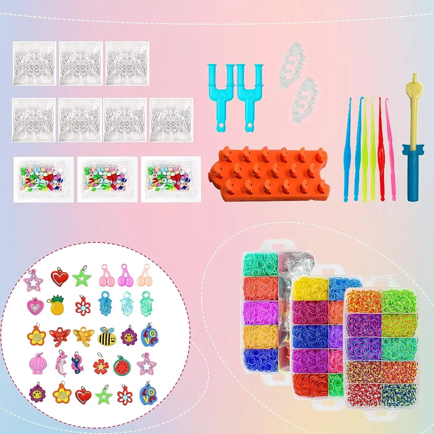 Tęczowe bransoletki Krosno +4500 szt. DIY Łatwe bez krosna (DIY Loom Bands) Arts & Crafts, Zabawki Gumki do bransoletek