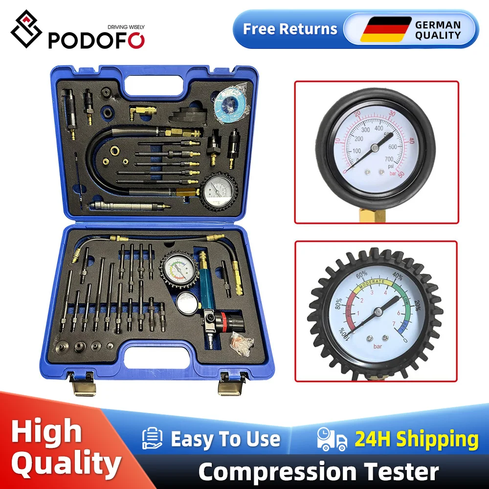 Podofo 46 pièces Kit de test de compression et de fuite de moteur, testeur de perte de pression, kit de testeur de fuite de cylindre pour moteurs diesel et essence