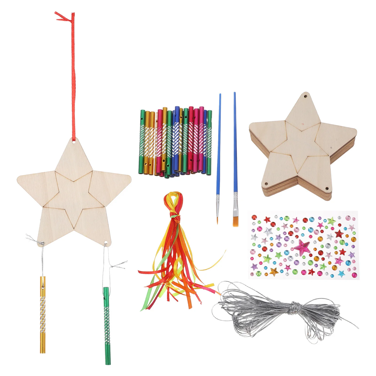12 Sets DIY Holzstern-Windspiel-Bastelset für Kinder, unvollendete Färbung, Kunst- und Bastelbedarf für Geburtstagsfeier, Schulfee