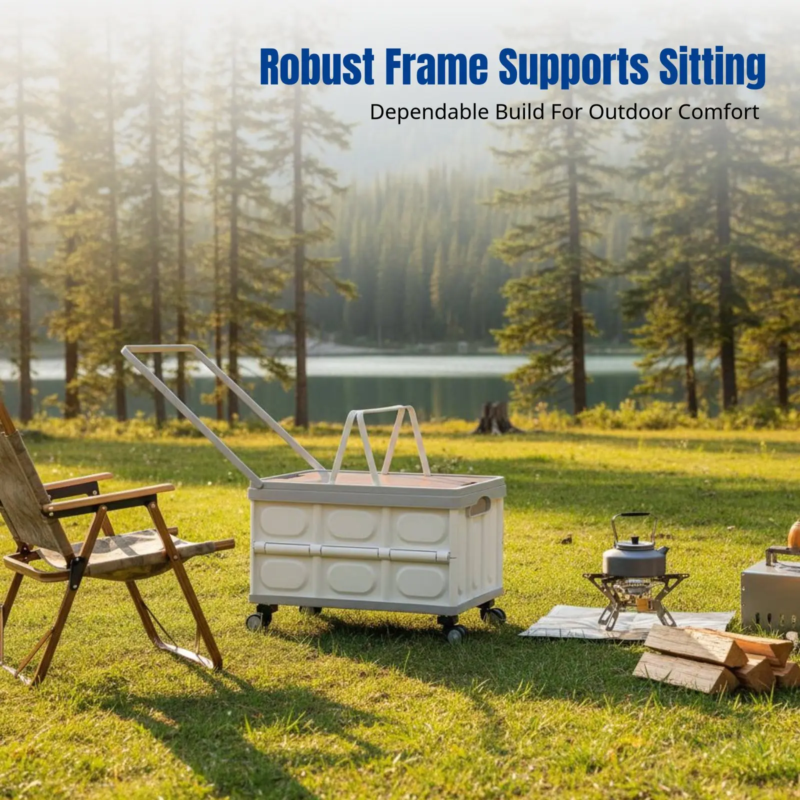 

Складной органайзер для багажника автомобиля, ящик для хранения для кемпинга на открытом воздухе, деревянная крышка, большая вместимость, портативная ручка, колесики